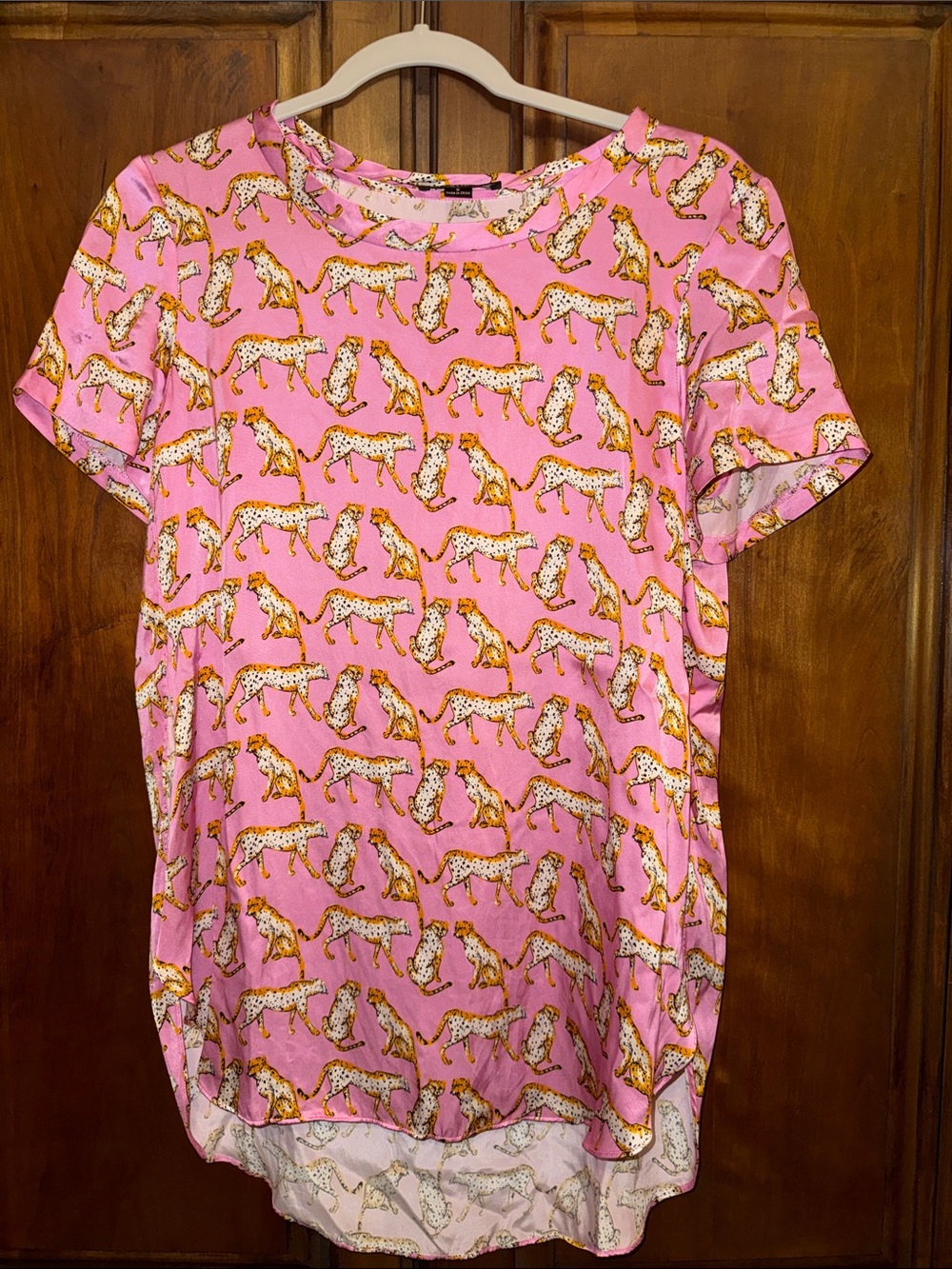 Acrobat 100% Silk Pink with Leopard Print High-Low Top size Small.